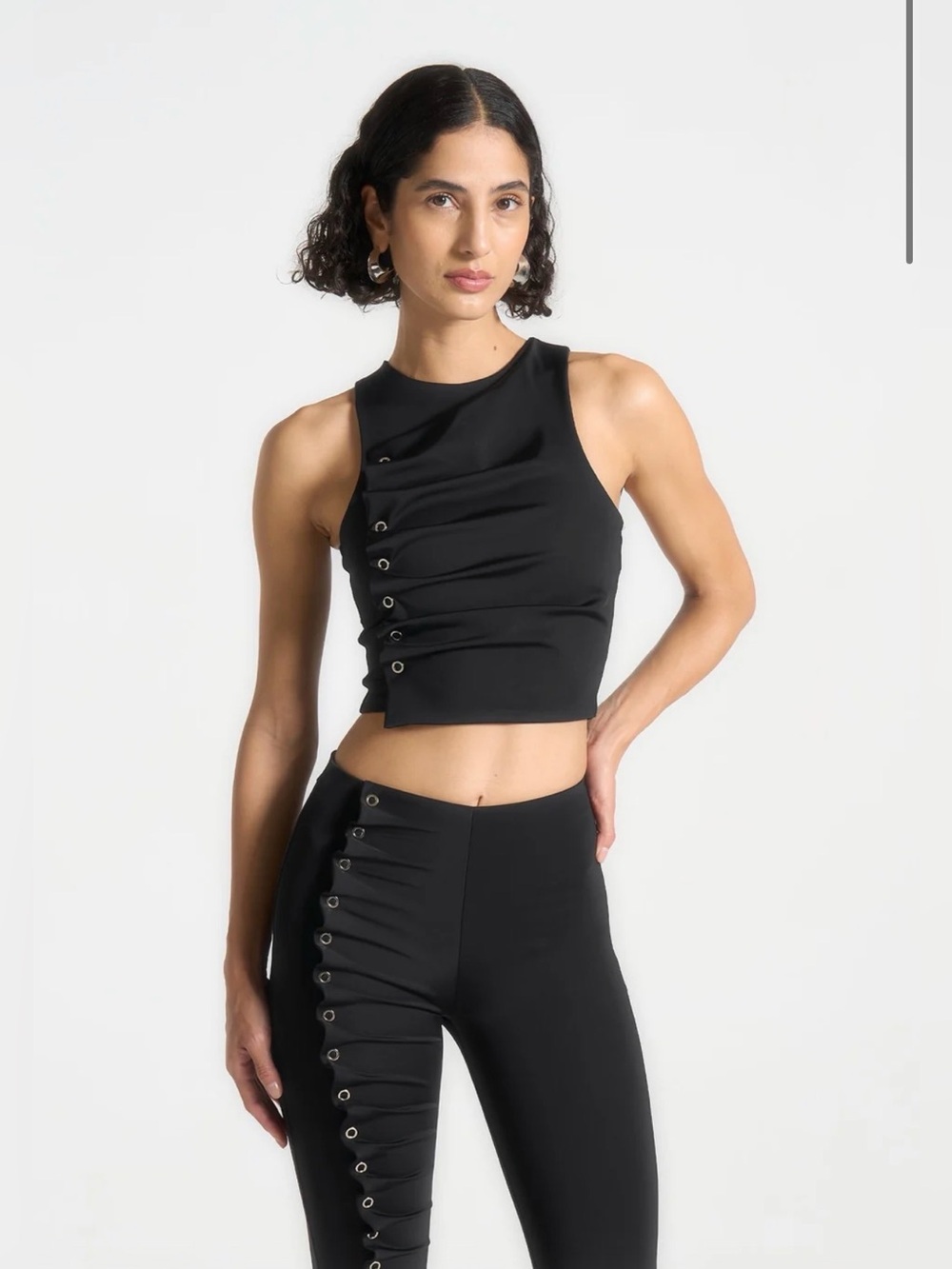 Eyelet Detail Tacked Racer Top and Pant Set - Maniere De Voir